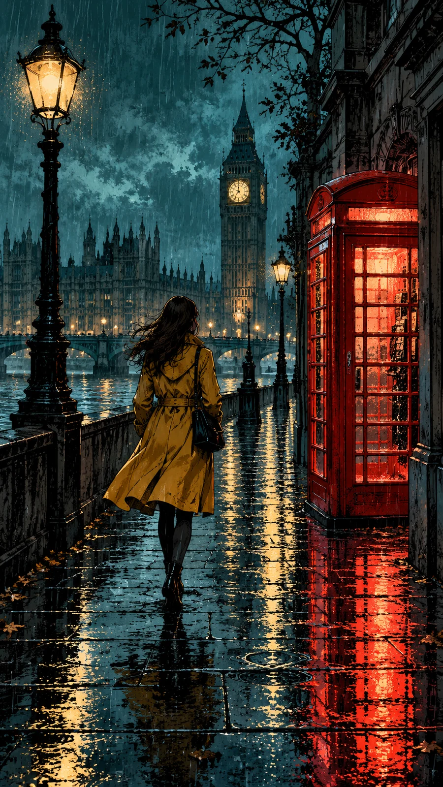 A woman in a yellow coat approaches a glowing telephone box on a rainy London street.